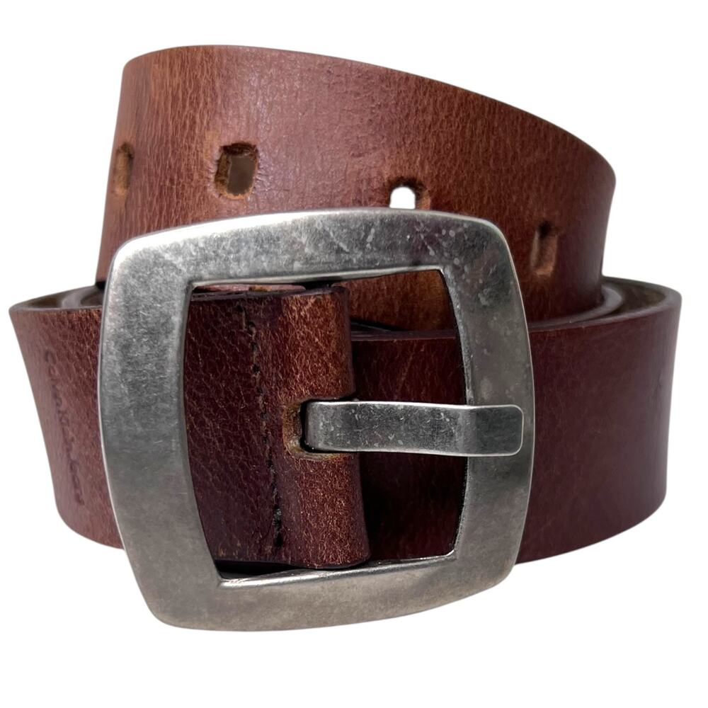 CK Y2K Brown Leather Belt Silver-Tone Wide Buckle Distressed Casual Women's XL - Picture 2 of 7